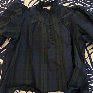 Pomander Place by Tuckernuck Elegant Black tartan Ruffle short sleeve blouse.